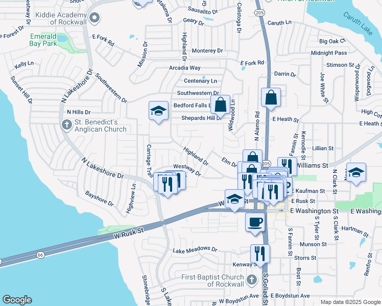 map of restaurants, bars, coffee shops, grocery stores, and more near 555 Highland Drive in Rockwall