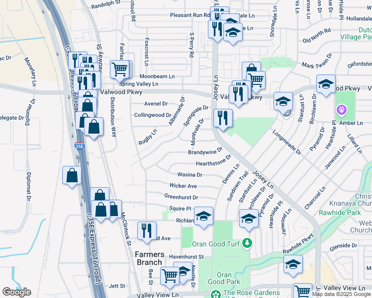 map of restaurants, bars, coffee shops, grocery stores, and more near 2586 Brandywine Drive in Farmers Branch
