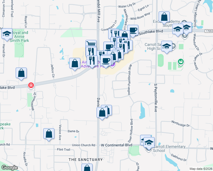 map of restaurants, bars, coffee shops, grocery stores, and more near 420 Winding Ridge Trail in Southlake