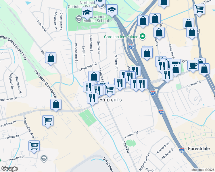 map of restaurants, bars, coffee shops, grocery stores, and more near 2612 Warm Avenue in North Charleston