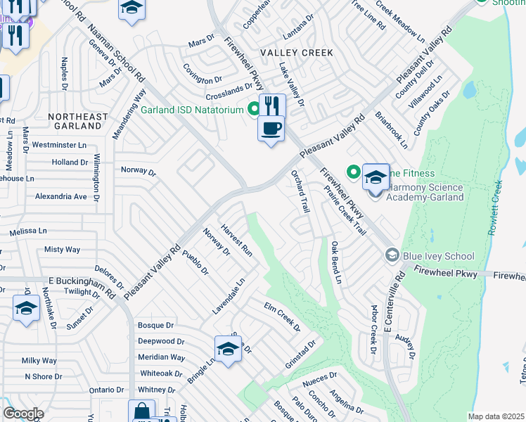 map of restaurants, bars, coffee shops, grocery stores, and more near 2125 Autumn Trail in Garland