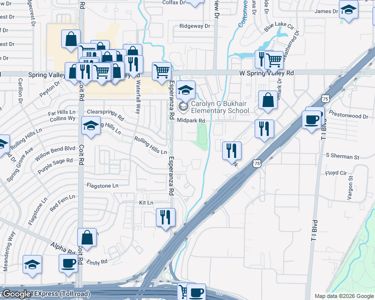 map of restaurants, bars, coffee shops, grocery stores, and more near 13510 Esperanza Road in Dallas