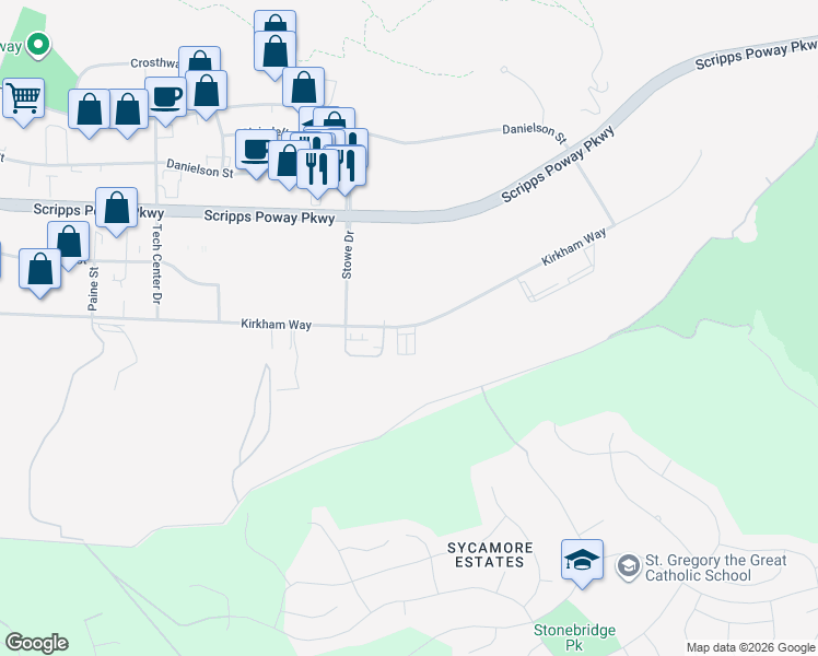 map of restaurants, bars, coffee shops, grocery stores, and more near 14105 Kirkham Way in Poway