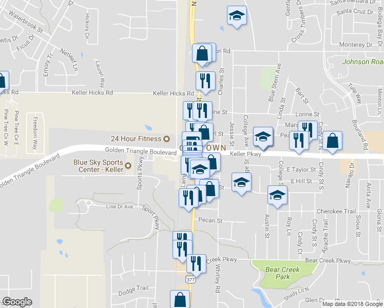 map of restaurants, bars, coffee shops, grocery stores, and more near 1 Golden Triangle Boulevard in Keller