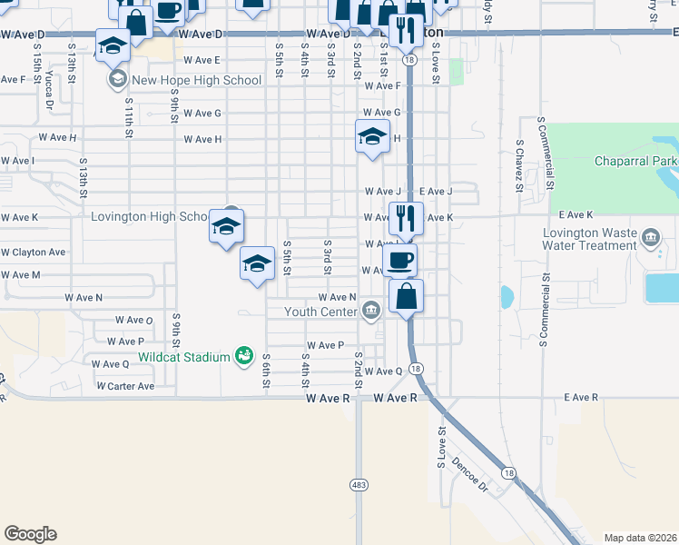 map of restaurants, bars, coffee shops, grocery stores, and more near 201-299 West Ave M in Lovington
