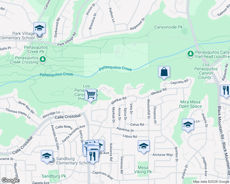 map of restaurants, bars, coffee shops, grocery stores, and more near 11504 Hadar Drive in San Diego