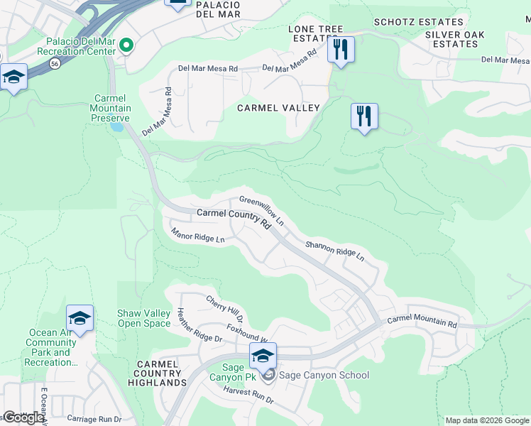 map of restaurants, bars, coffee shops, grocery stores, and more near 5273 Greenwillow Lane in San Diego