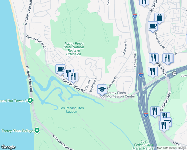 map of restaurants, bars, coffee shops, grocery stores, and more near Via Grimaldi in Del Mar