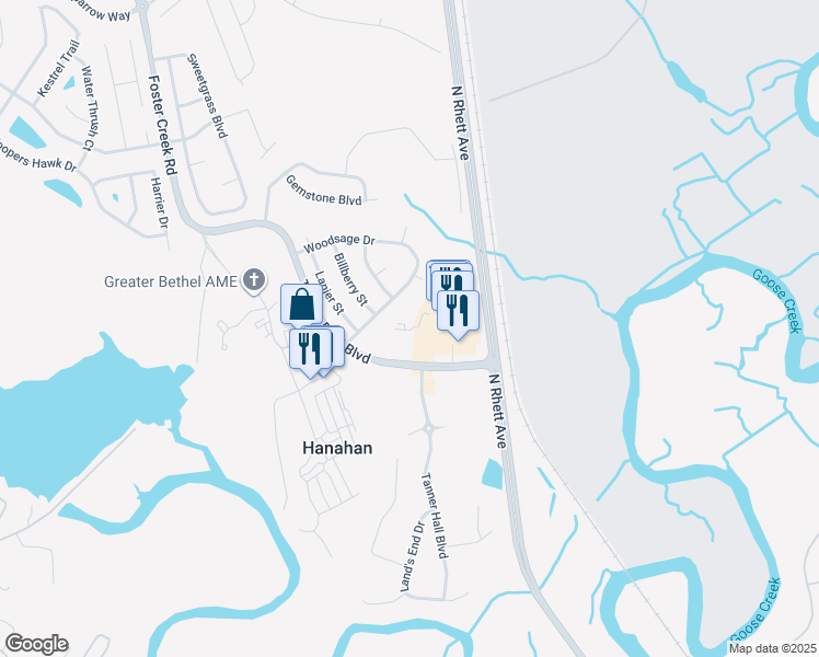 map of restaurants, bars, coffee shops, grocery stores, and more near 1266 Woodsage Drive in Hanahan