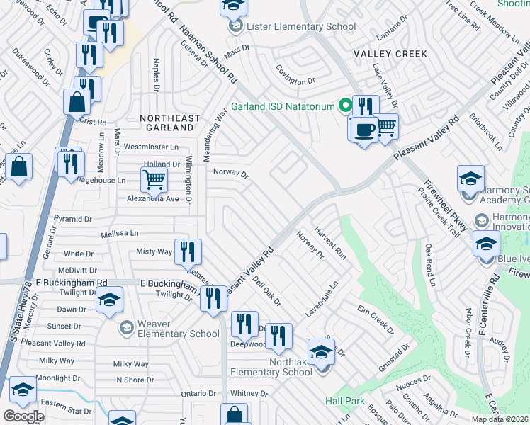 map of restaurants, bars, coffee shops, grocery stores, and more near 2230 Pueblo Drive in Garland