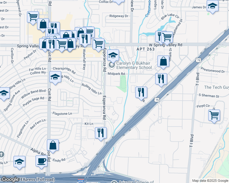 map of restaurants, bars, coffee shops, grocery stores, and more near 13510 Esperanza Road in Dallas