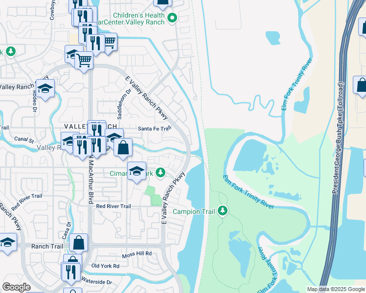 map of restaurants, bars, coffee shops, grocery stores, and more near 9331 Valley Ranch Parkway East in Irving