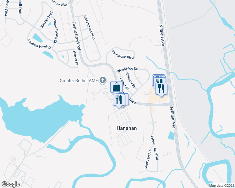 map of restaurants, bars, coffee shops, grocery stores, and more near 1000 Channel Marker Way in Hanahan