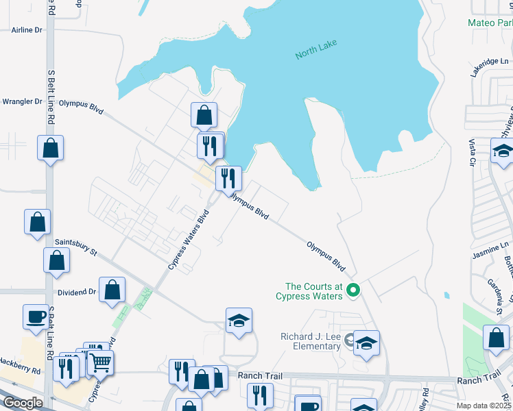map of restaurants, bars, coffee shops, grocery stores, and more near 2999 Olympus Boulevard in Coppell