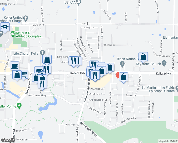 map of restaurants, bars, coffee shops, grocery stores, and more near Keller Pkwy & Keller Smithfield Rd in Keller