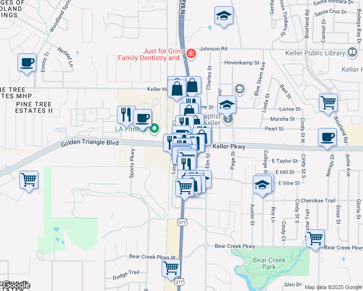 map of restaurants, bars, coffee shops, grocery stores, and more near 3 Golden Triangle Boulevard in Keller
