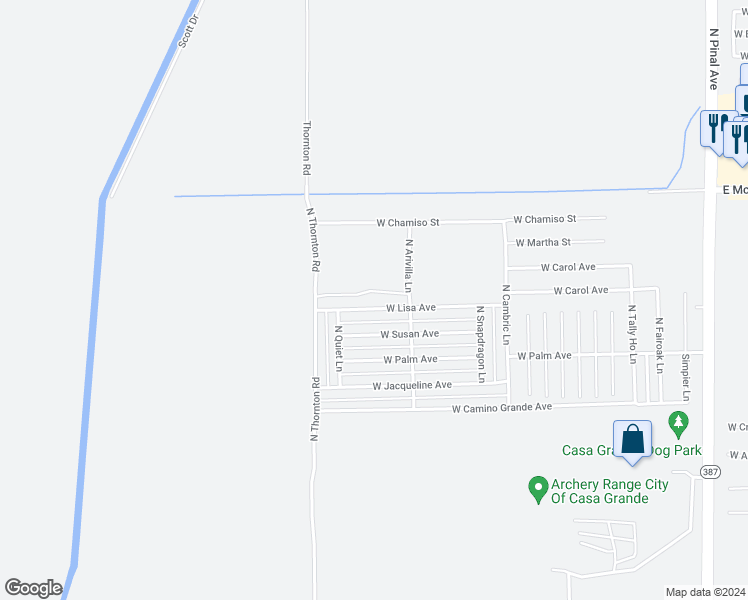 map of restaurants, bars, coffee shops, grocery stores, and more near 18994 West Lisa Avenue in Casa Grande