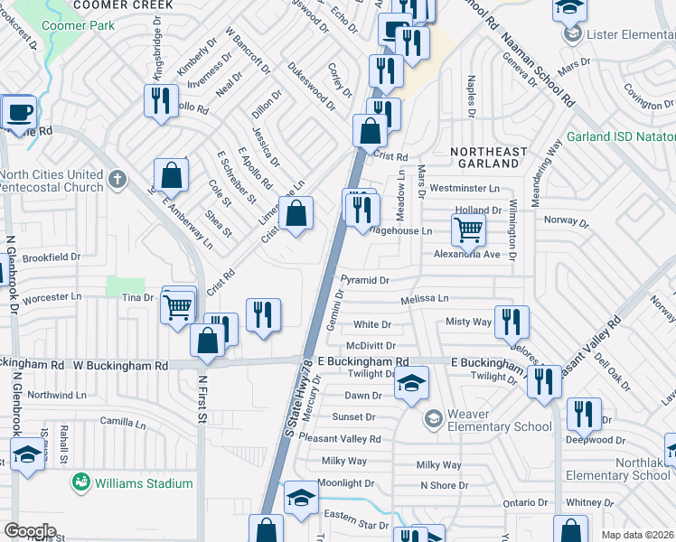 map of restaurants, bars, coffee shops, grocery stores, and more near 610 Pyramid Drive in Garland