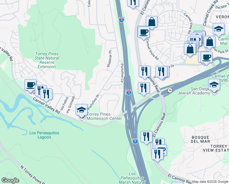 map of restaurants, bars, coffee shops, grocery stores, and more near 12942 Caminito Pointe Del Mar in Del Mar