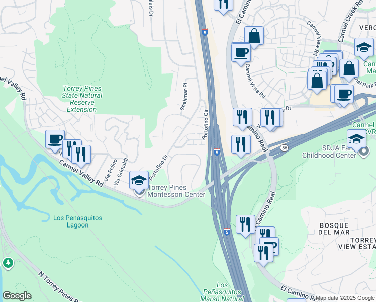 map of restaurants, bars, coffee shops, grocery stores, and more near 12999 Caminito Pointe Del Mar in Del Mar