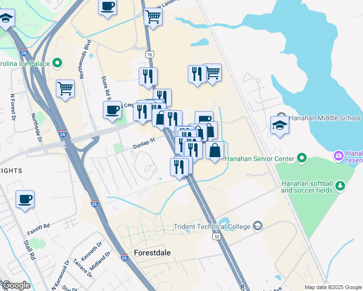 map of restaurants, bars, coffee shops, grocery stores, and more near 7256 Rivers Avenue in North Charleston