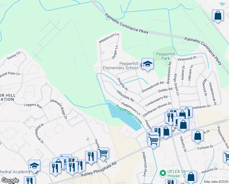 map of restaurants, bars, coffee shops, grocery stores, and more near 7646 Peppercorn Lane in North Charleston