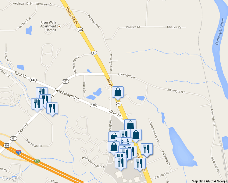 map of restaurants, bars, coffee shops, grocery stores, and more near 5250 Riverside Drive in Macon