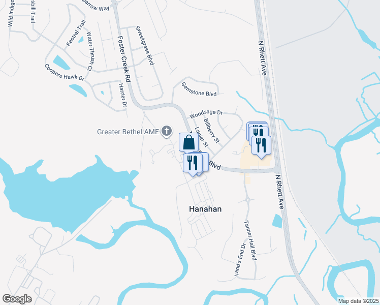 map of restaurants, bars, coffee shops, grocery stores, and more near 1000 Channel Marker Way in Hanahan