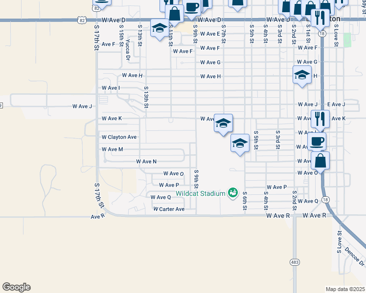 map of restaurants, bars, coffee shops, grocery stores, and more near 932 West Avenue M in Lovington