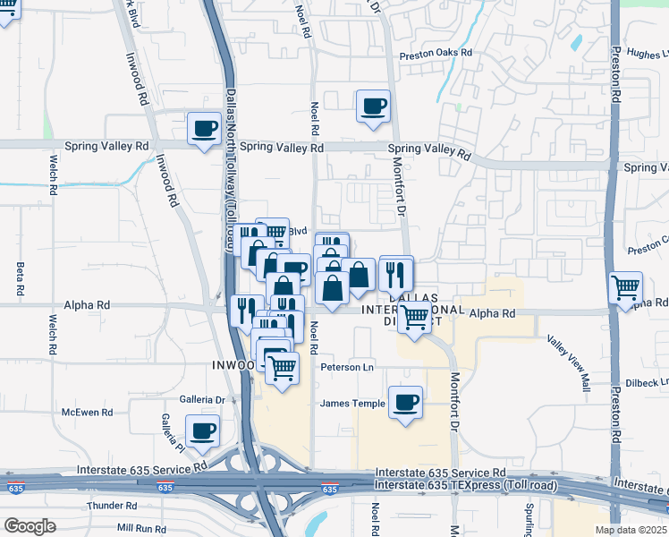 map of restaurants, bars, coffee shops, grocery stores, and more near 5301 Alpha Road in Dallas