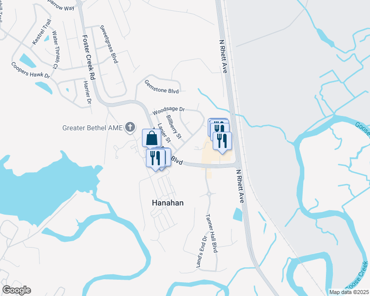 map of restaurants, bars, coffee shops, grocery stores, and more near 1266 Woodsage Drive in Hanahan