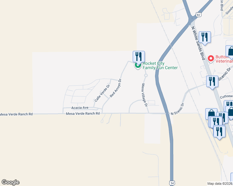 map of restaurants, bars, coffee shops, grocery stores, and more near 3504 Red Arroyo Drive in Alamogordo