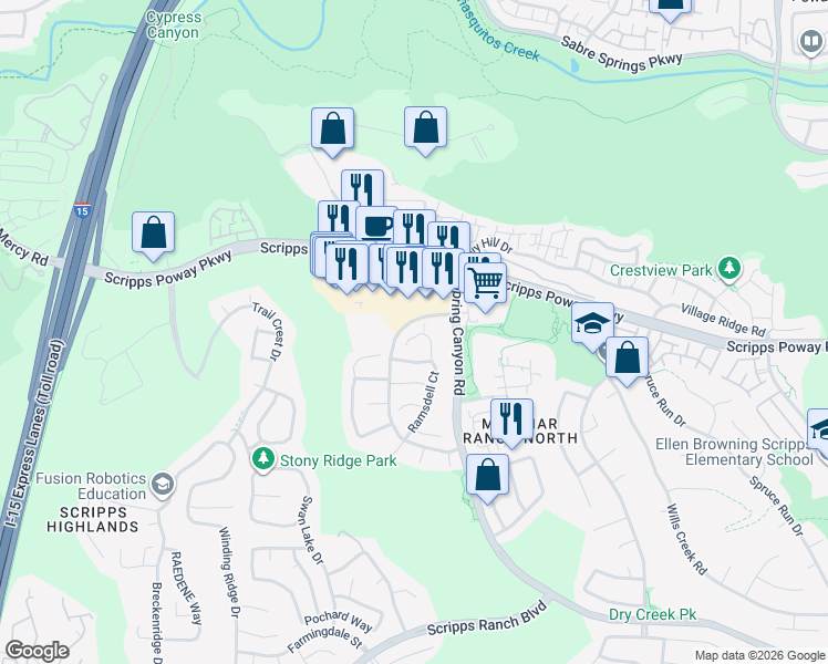 map of restaurants, bars, coffee shops, grocery stores, and more near 10694 Tipperary Way in San Diego