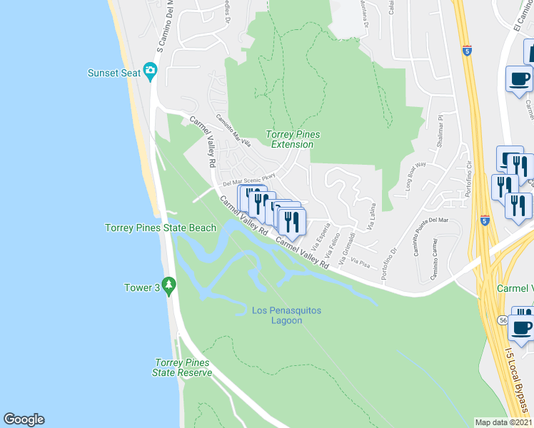 map of restaurants, bars, coffee shops, grocery stores, and more near 2212 Carmel Valley Road in Del Mar