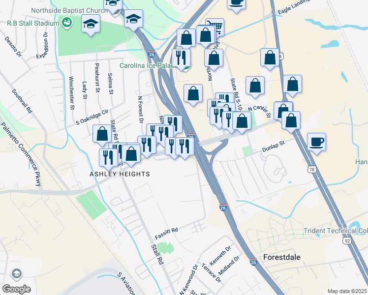 map of restaurants, bars, coffee shops, grocery stores, and more near 7339 Mazyck Rd in Charleston