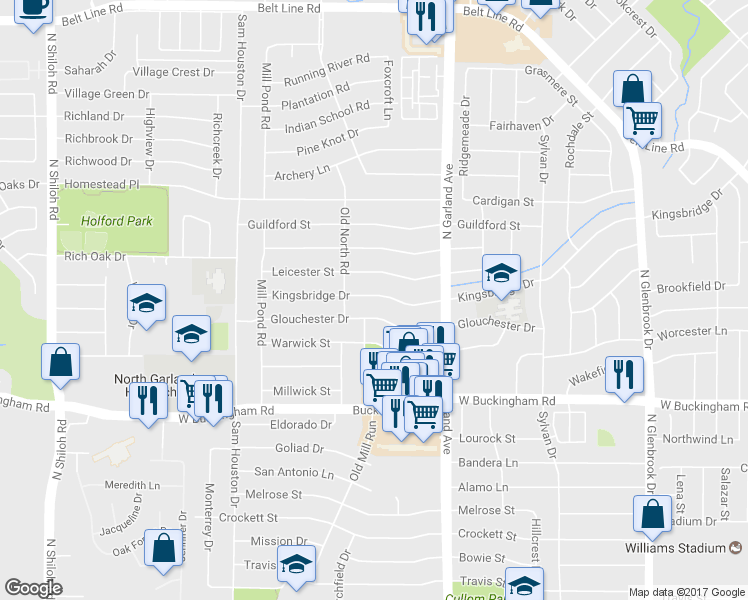 map of restaurants, bars, coffee shops, grocery stores, and more near 1517 Glouchester Drive in Garland