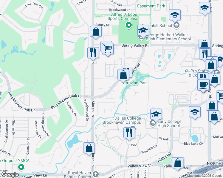 map of restaurants, bars, coffee shops, grocery stores, and more near 3766 Vitruvian Way in Addison
