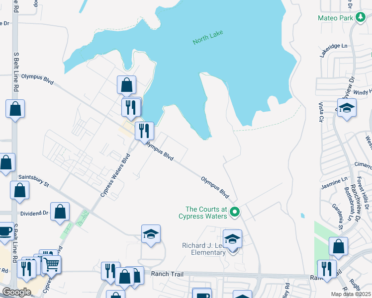map of restaurants, bars, coffee shops, grocery stores, and more near 13298 Paraboloid Drive in Irving