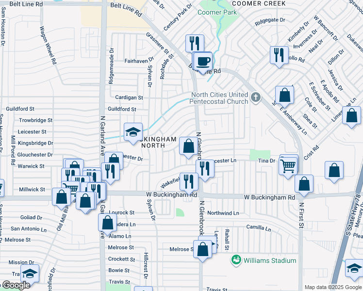 map of restaurants, bars, coffee shops, grocery stores, and more near 2114 Michael Street in Garland