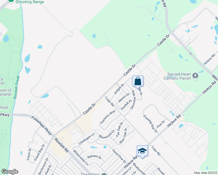 map of restaurants, bars, coffee shops, grocery stores, and more near 2900 Castle Drive in Rowlett