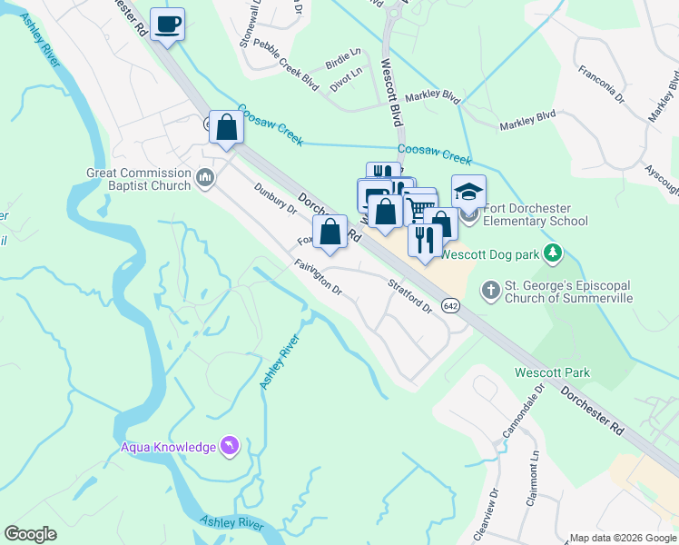 map of restaurants, bars, coffee shops, grocery stores, and more near 507 Fairington Drive in Summerville