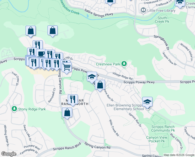map of restaurants, bars, coffee shops, grocery stores, and more near 11890 Scripps Creek Drive in San Diego