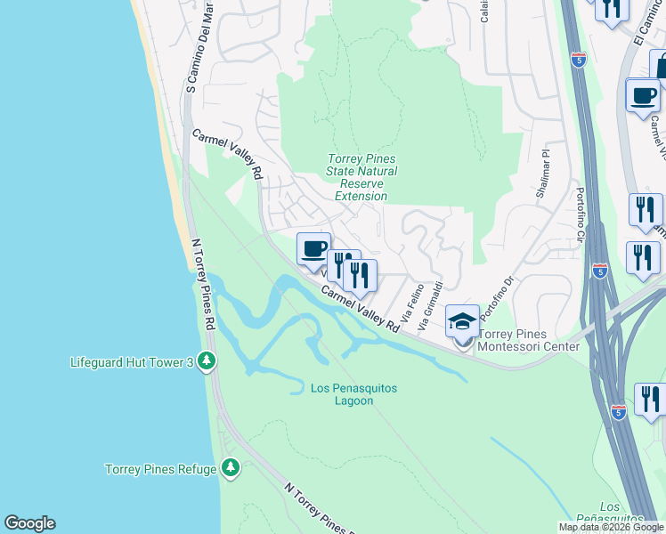 map of restaurants, bars, coffee shops, grocery stores, and more near 2260 Via Aprilia in Del Mar