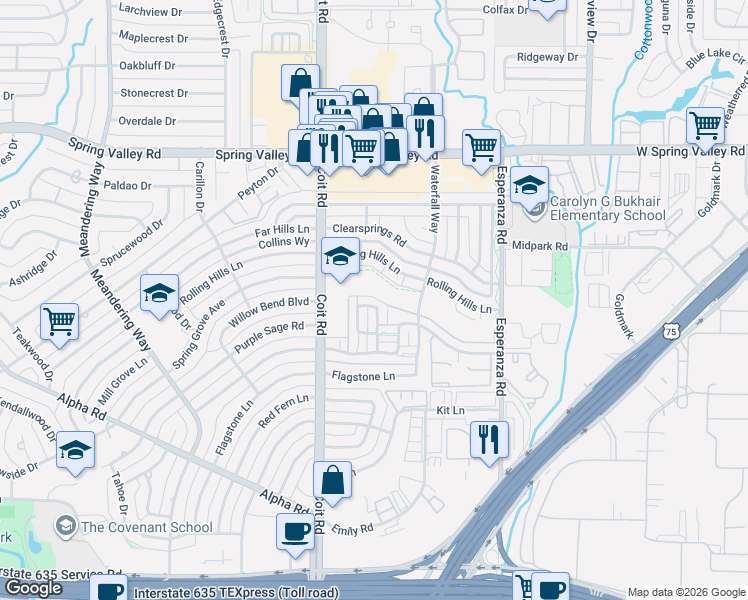 map of restaurants, bars, coffee shops, grocery stores, and more near 13787 Brookgreen Circle in Dallas