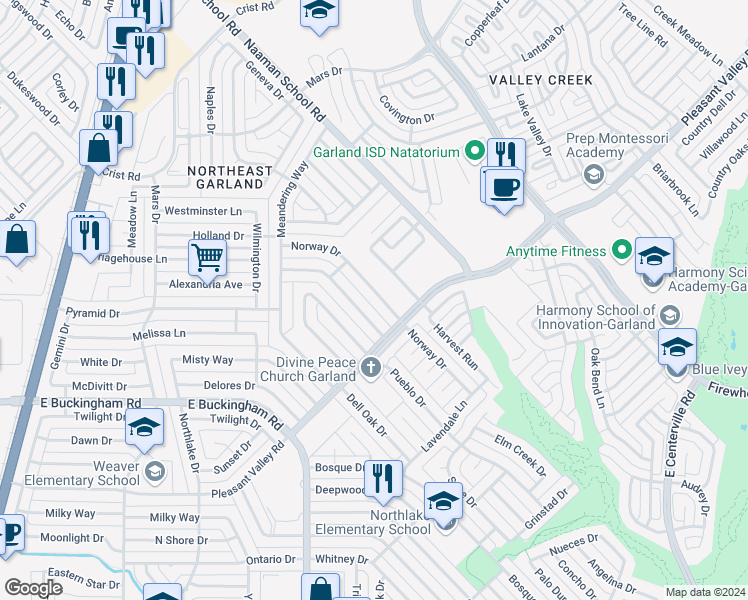 map of restaurants, bars, coffee shops, grocery stores, and more near 2325 Norway Drive in Garland