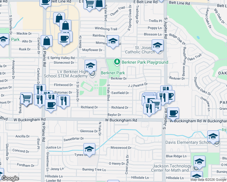 map of restaurants, bars, coffee shops, grocery stores, and more near 1807 Baltimore Drive in Richardson
