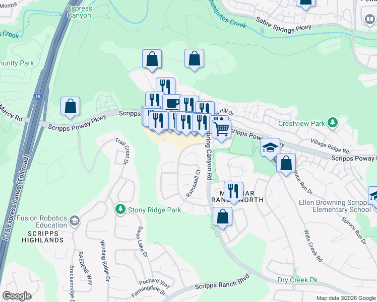 map of restaurants, bars, coffee shops, grocery stores, and more near 10694 Tipperary Way in San Diego