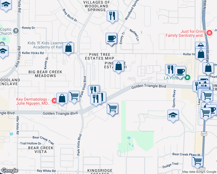 map of restaurants, bars, coffee shops, grocery stores, and more near 11117 Golden Triangle Circle in Fort Worth