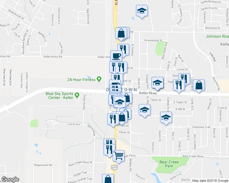 map of restaurants, bars, coffee shops, grocery stores, and more near 4 Golden Triangle Boulevard in Keller