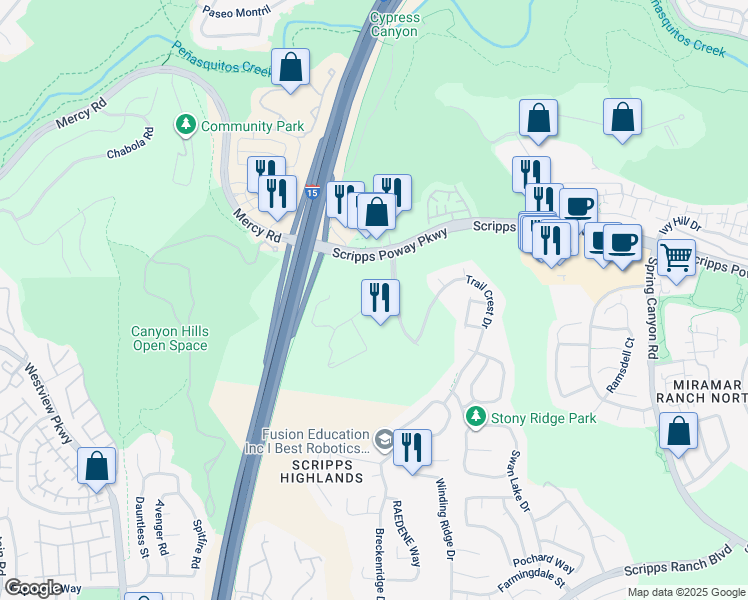 map of restaurants, bars, coffee shops, grocery stores, and more near 10182 Scripps Gateway Court in San Diego